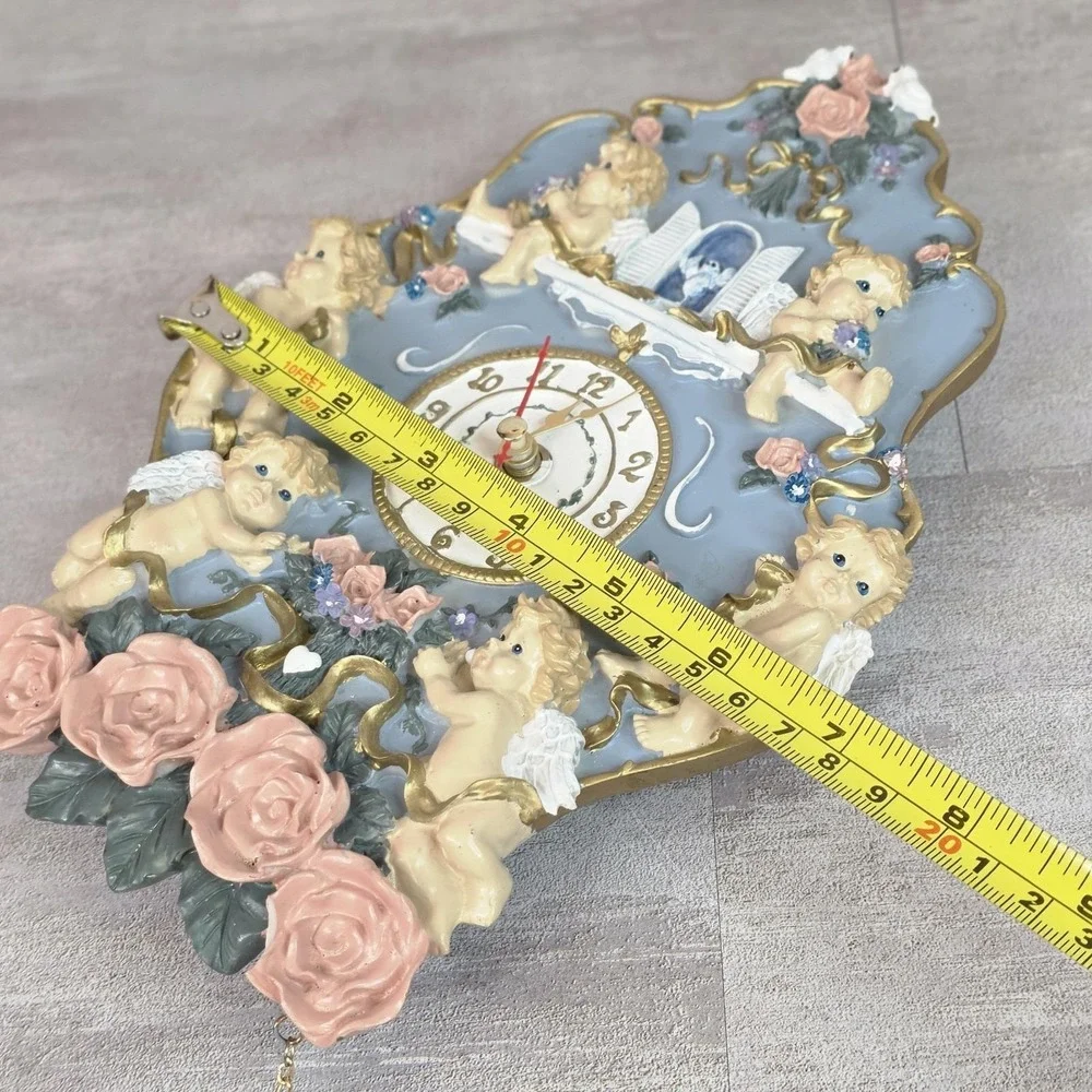 Vintage 3D Cherub Angel Cupid & Roses Hanging Chime Musical Wall Clock Works!